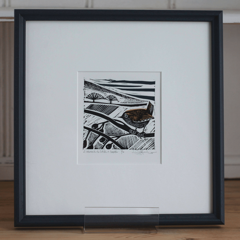 Image of 'A moment to catch a breath' framed linocut