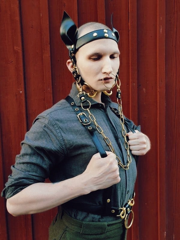 Pony play head harness vegan leather and gold