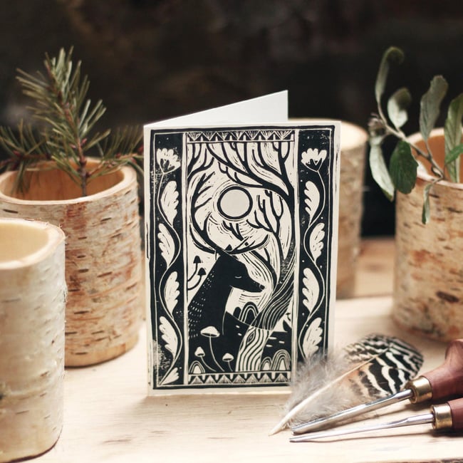 3 Hand Printed Lino-cut Cards - A6, Deer
