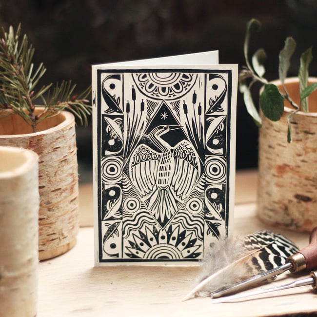 3 Hand Printed Lino-cut Cards - A6, Heron