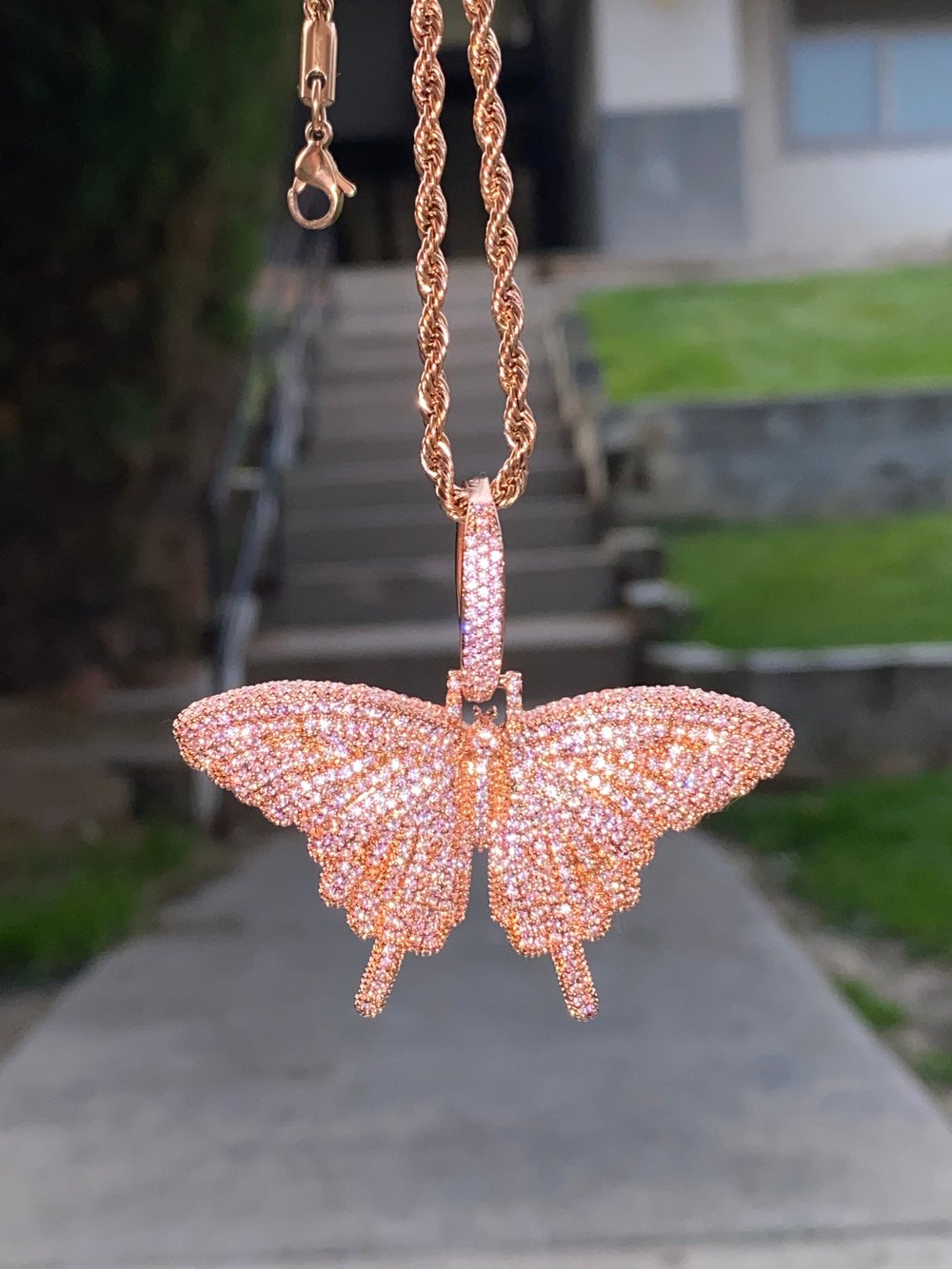 Image of Rose Gold Iced Out Butterfly Necklace 