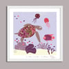 Hawksbill Turtle + Jellyfish - Marin Animals Prints - Nursery Print - Children room - Purple
