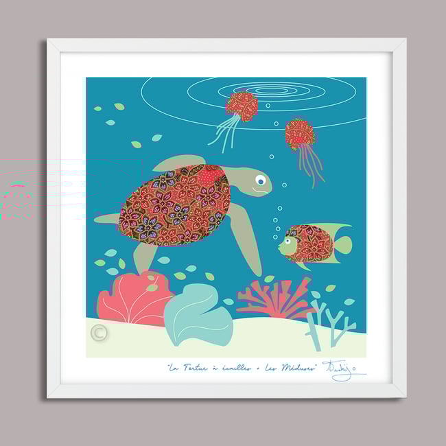 Hawksbill Turtle + Jellyfish - Marin Animals Prints - Nursery Print - Children room - Night Blue