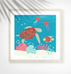 Hawksbill Turtle + Jellyfish - Marin Animals Prints - Nursery Print - Children room - Night Blue