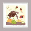 Hawksbill Turtle + Jellyfish - Marin Animals Prints - Nursery Print - Children room - Vanilla