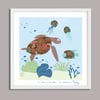 Hawksbill Turtle + Jellyfish - Marin Animals Prints - Nursery Print - Children room - Blue