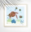 Hawksbill Turtle + Jellyfish - Marin Animals Prints - Nursery Print - Children room - Blue