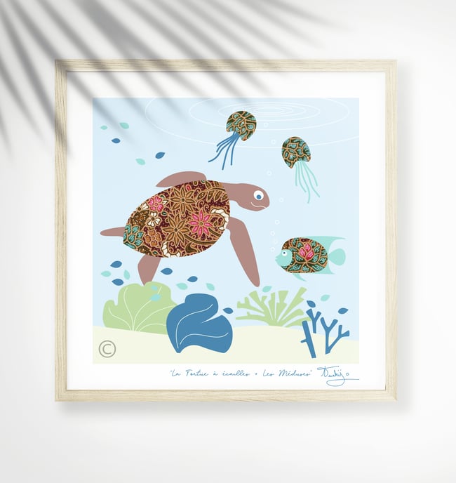 Hawksbill Turtle + Jellyfish - Marin Animals Prints - Nursery Print - Children room - Blue