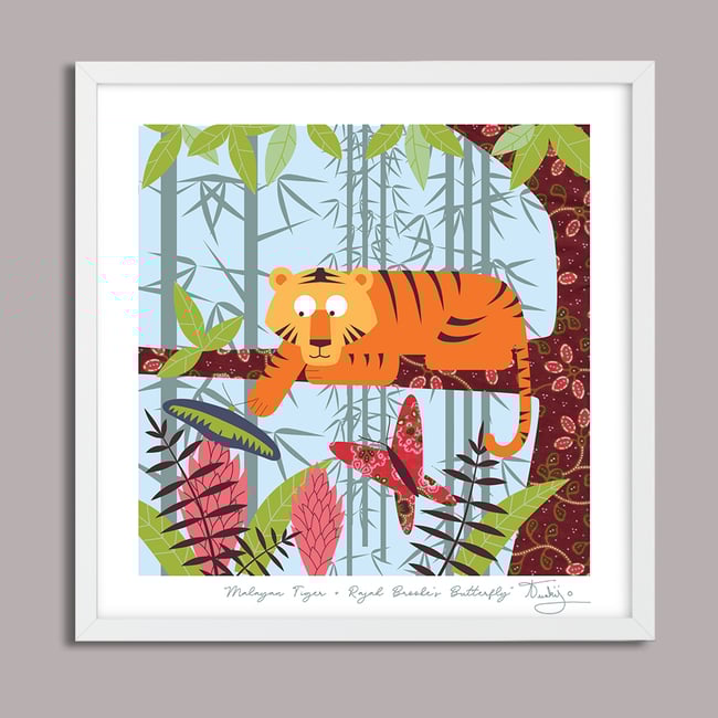 Malayan Tiger + Rajah Brooke's birdwing butterfly - Jungle Animals Prints - Nursery Print - Blue #2
