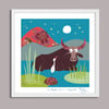 Water Buffalo + egret - Jungle Animals Prints - Nursery Print - Children room - Night Blue