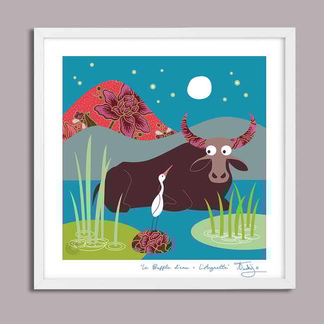 Water Buffalo + egret - Jungle Animals Prints - Nursery Print - Children room - Night Blue