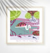 Milky Stork + Mudskippers - Jungle Animals Prints - Nursery Print - Children Room - Purple