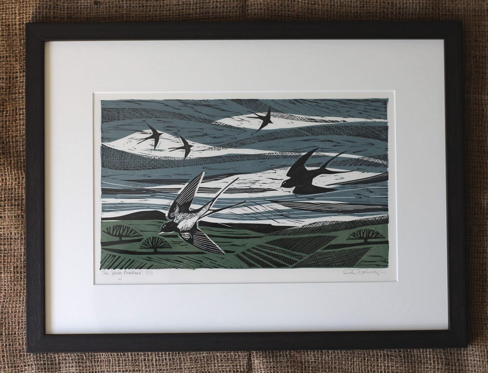 Image of 'The spring awakens' original linocut in frame