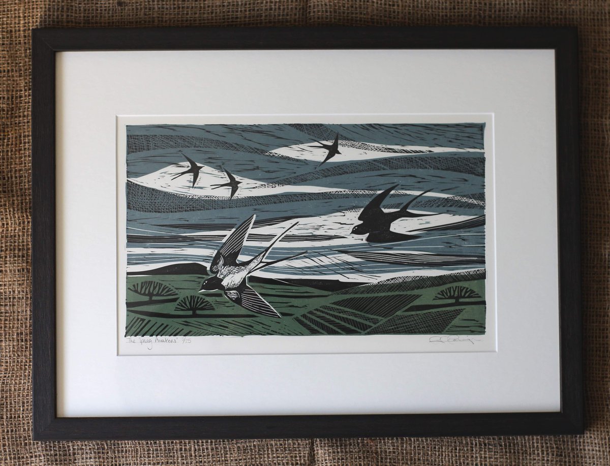 Image of 'The spring awakens' original linocut in frame