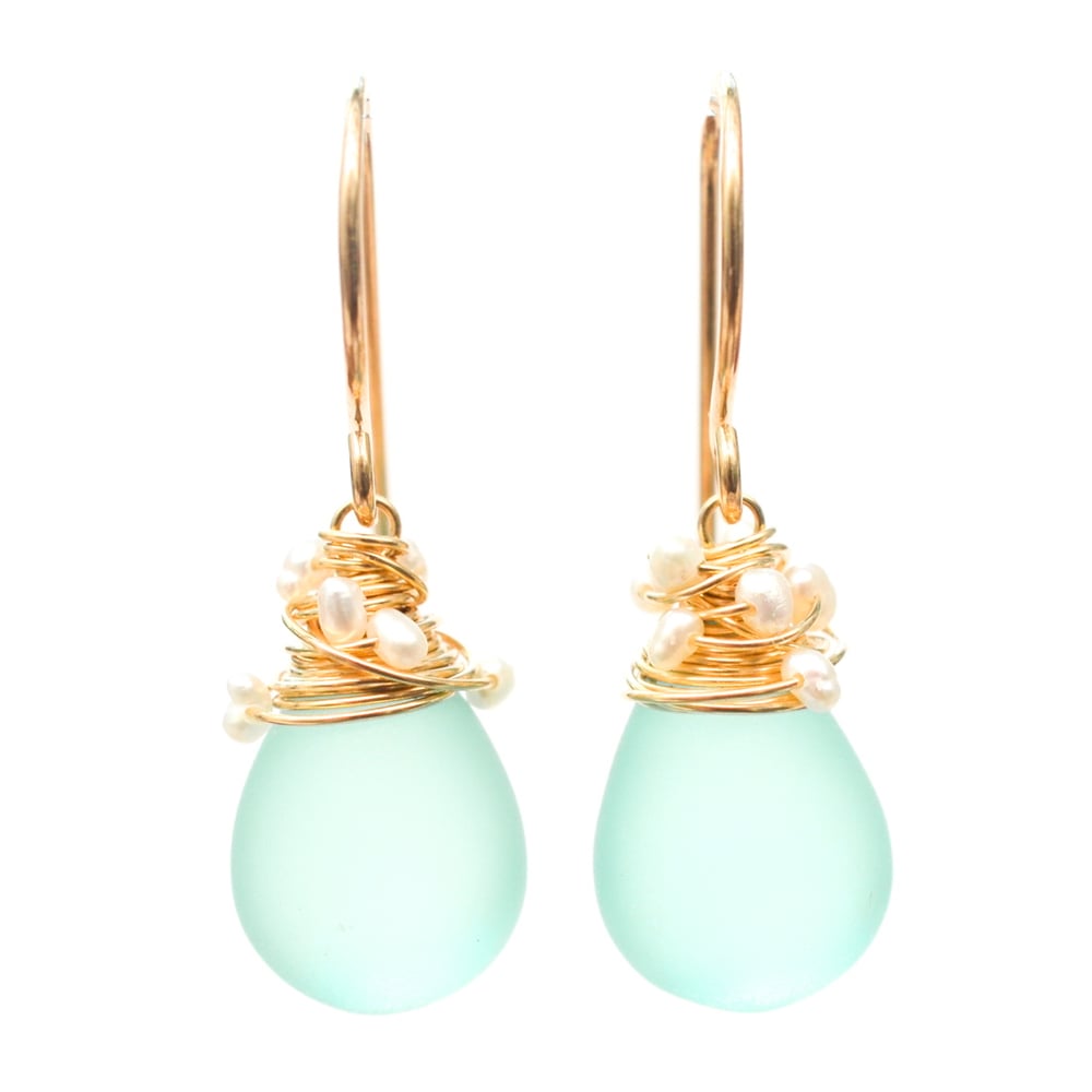 Image of Aqua frosted glass earrings with seed pearls  14kt yellow or rose gold-filled