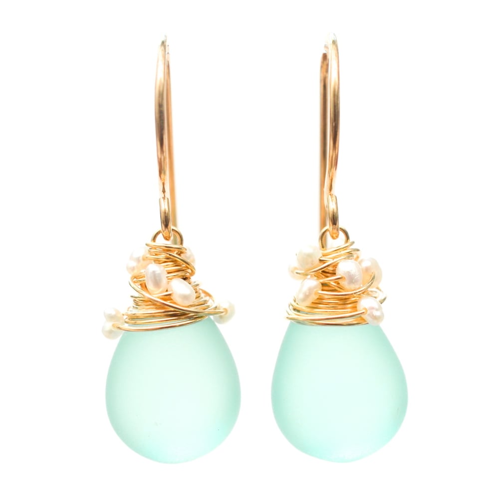 Image of Aqua frosted glass earrings with seed pearls 14kt yellow or rose gold-filled