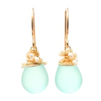 Image 1 of Aqua frosted glass earrings with seed pearls  14kt yellow or rose gold-filled