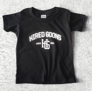 Image of Kids "Hired Goons" college shirt.  White on black