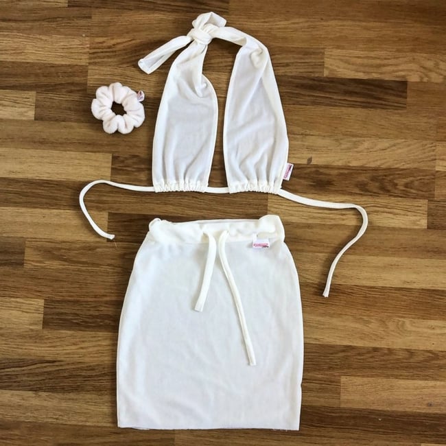 White Velour Multiway Tie Top & skirt with Matching Scrunchie 
