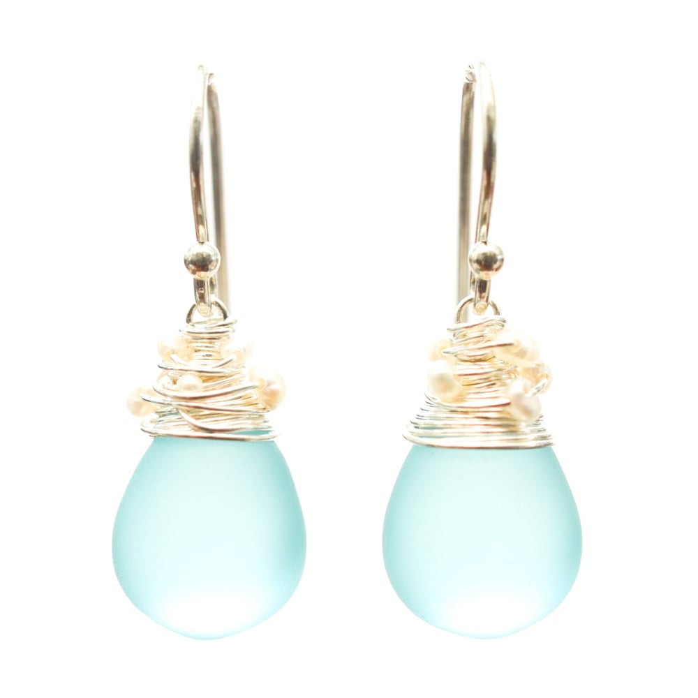 Image of Aqua Blue Earrings Frosted Glass Cultured Freshwater Seed Pearls Sterling Silver