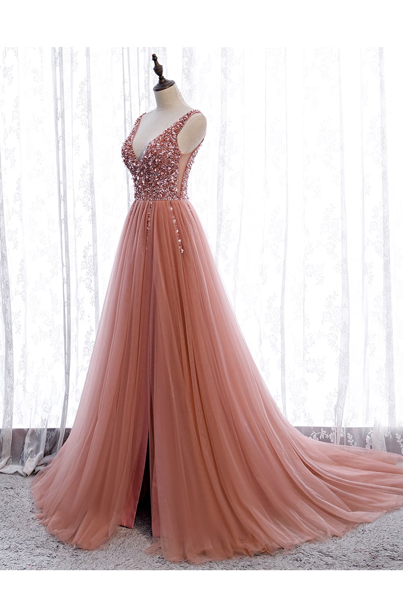 Pink Tulle Long Slit Prom Dress with Sparkle Beadings, Pink Evening Gown