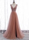 Pink Tulle Long Slit Prom Dress with Sparkle Beadings, Pink Evening Gown
