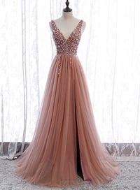 Image 1 of Pink Tulle Long Slit Prom Dress with Sparkle Beadings, Pink Evening Gown