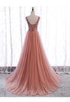 Pink Tulle Long Slit Prom Dress with Sparkle Beadings, Pink Evening Gown