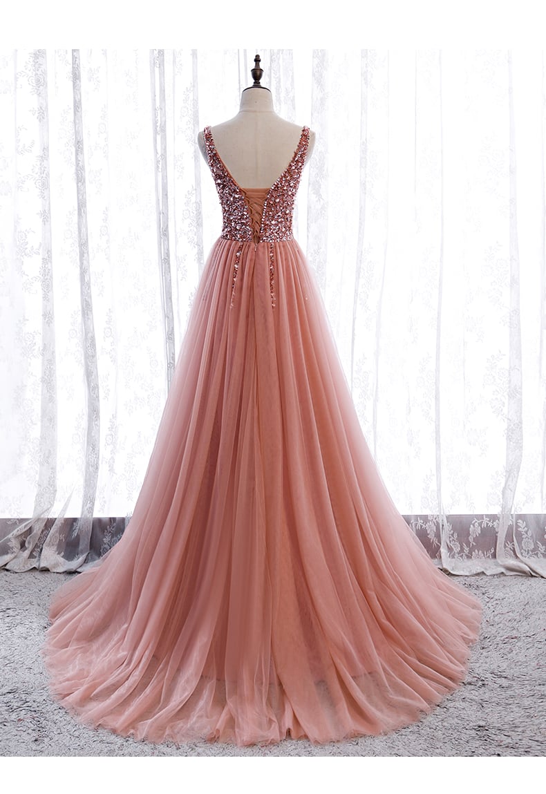 Pink Tulle Long Slit Prom Dress with Sparkle Beadings, Pink Evening Gown