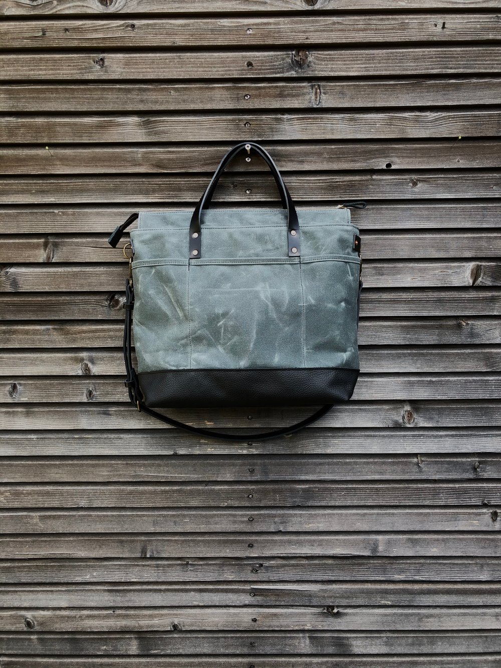 Image of Gray waxed canvas tote bag / office bag with luggage handle attachment leather handles and shoulder