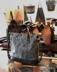 Image 2 of Gray waxed canvas tote bag / office bag with luggage handle attachment leather handles and shoulder 