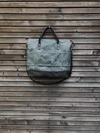 Image 5 of Gray waxed canvas tote bag / office bag with luggage handle attachment leather handles and shoulder 