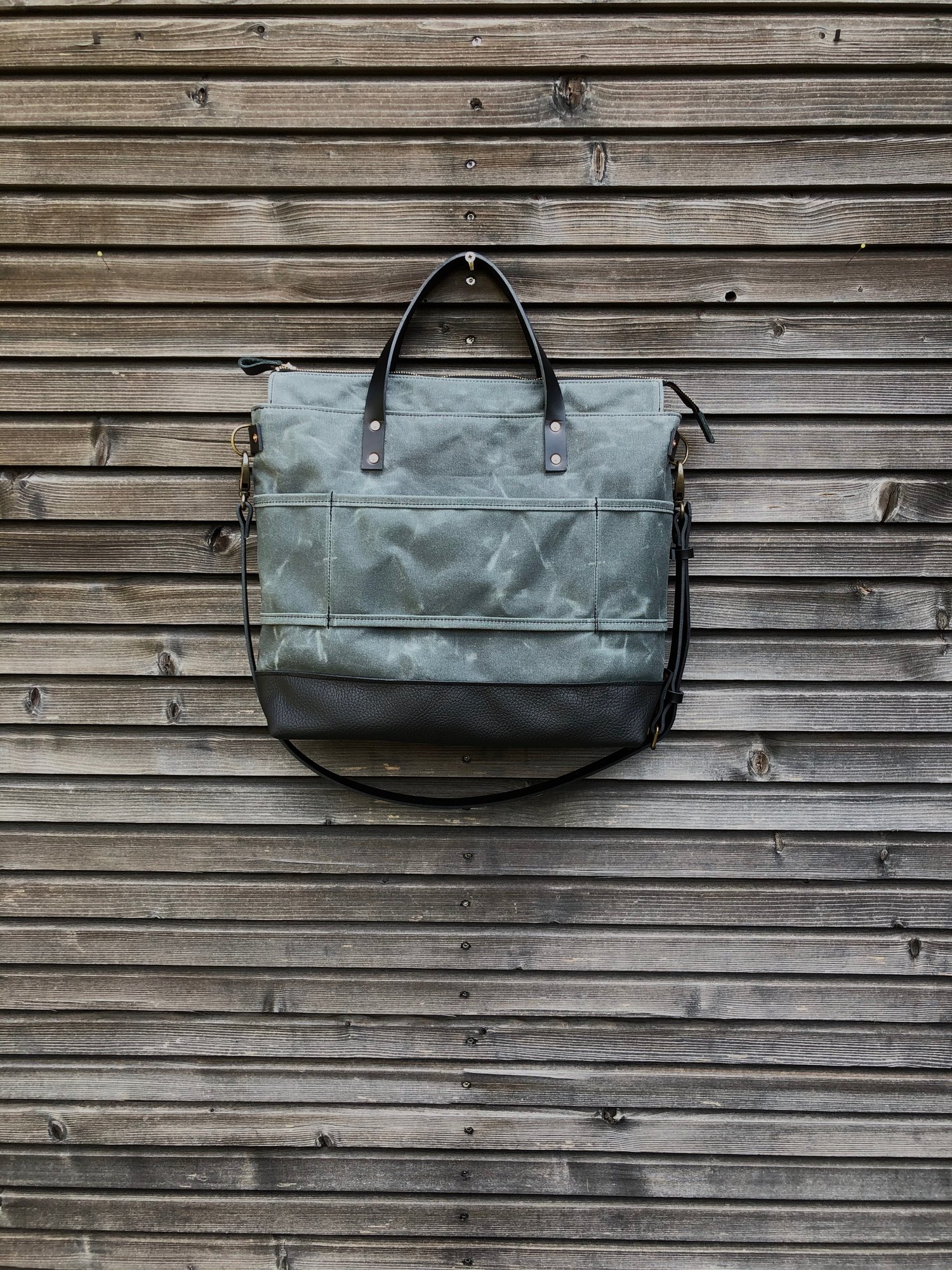 Image of Gray waxed canvas tote bag / office bag with luggage handle attachment leather handles and shoulder 
