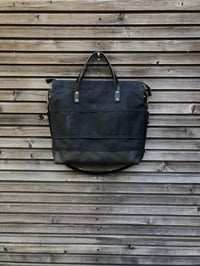 Image 5 of Black waxed canvas tote bag / office bag with luggage handle attachment leather handles and shoulder