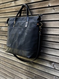 Image 2 of Black waxed canvas tote bag / office bag with luggage handle attachment leather handles and shoulder