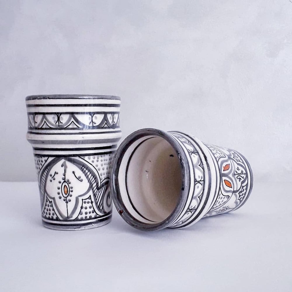 Image of 2 MOROCCAN CERAMIC CUPS - GREY PATTERNS