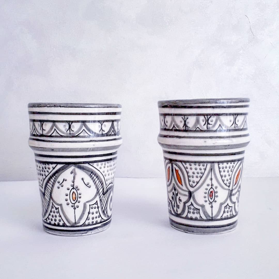 Image of 2 MOROCCAN CERAMIC CUPS - GREY PATTERNS