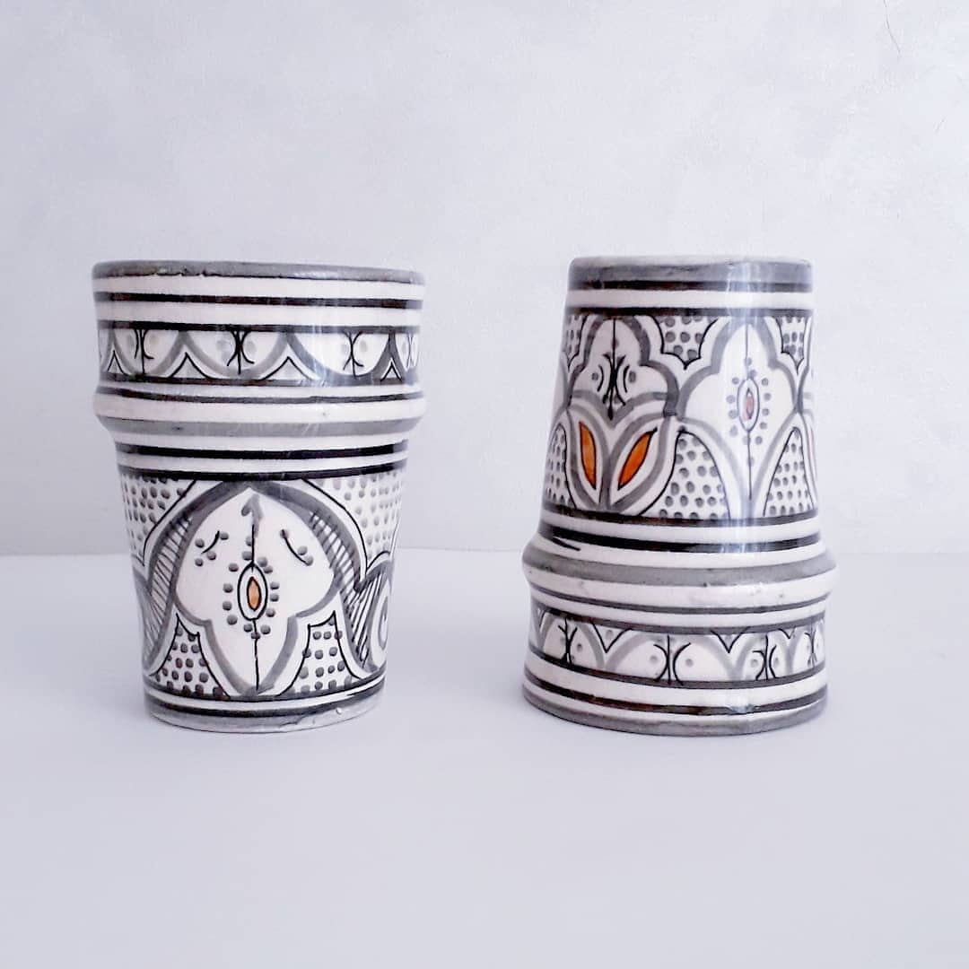 Image of 2 MOROCCAN CERAMIC CUPS - GREY PATTERNS