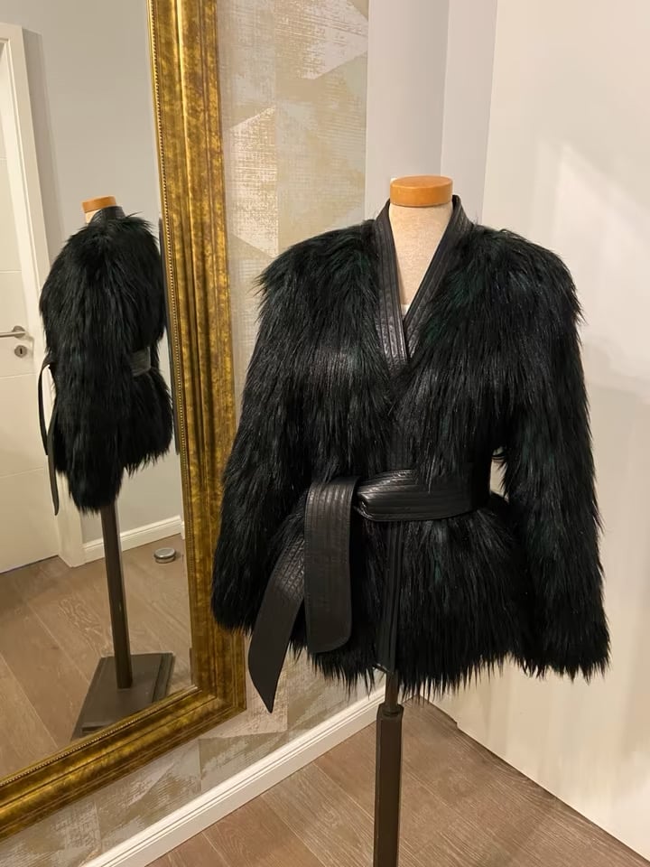Image of BALMAIN x HM GREEN FAUX FUR TIE UP JACKET (SIZE )
