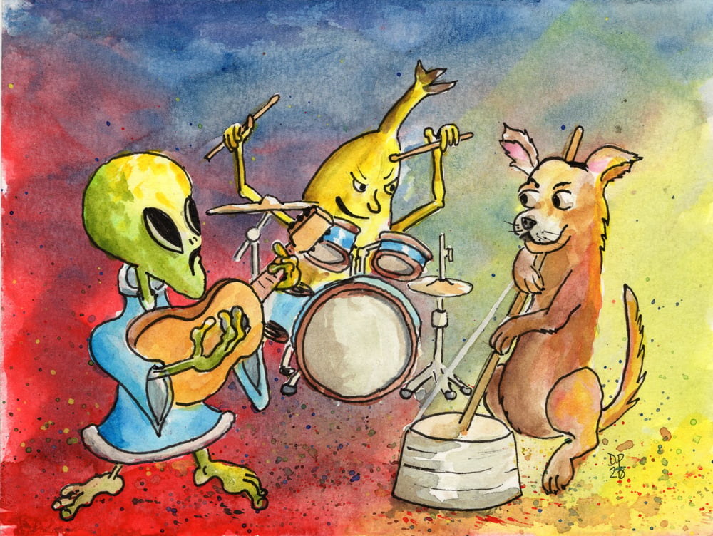 Image of "Alien Banana Dog Band" watercolor painting