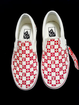 Red/Cream Checkered Monogram Slip-On Vans 