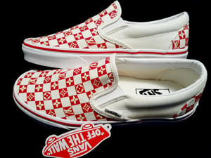 Red/Cream Checkered Monogram Slip-On Vans 