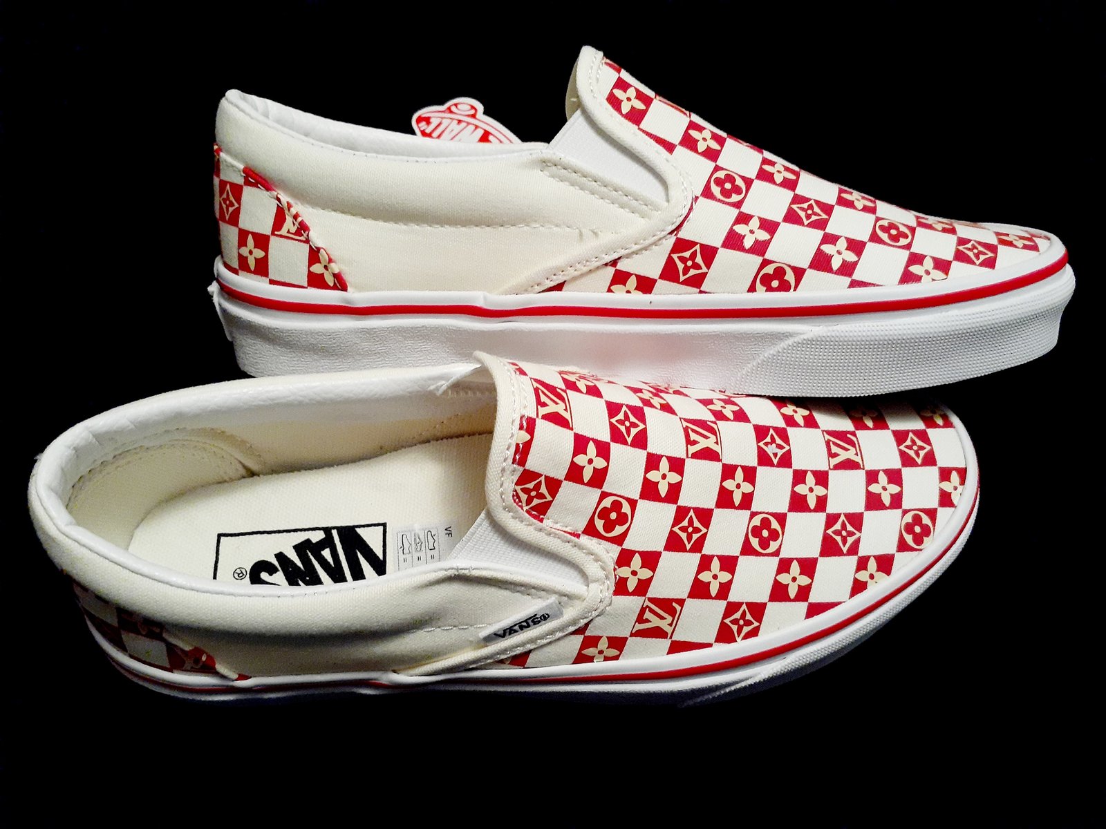 Red Cream Checkered Monogram Slip On Vans DIMEOND CUSTOMS