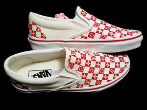 Red/Cream Checkered Monogram Slip-On Vans 