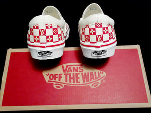 Red/Cream Checkered Monogram Slip-On Vans 