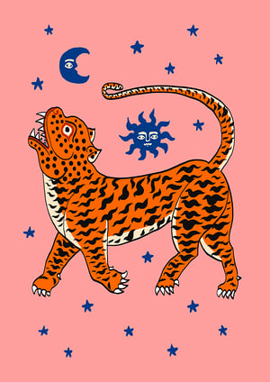 Image of TIGER TEMPLE STARS blue or pink - A3 print