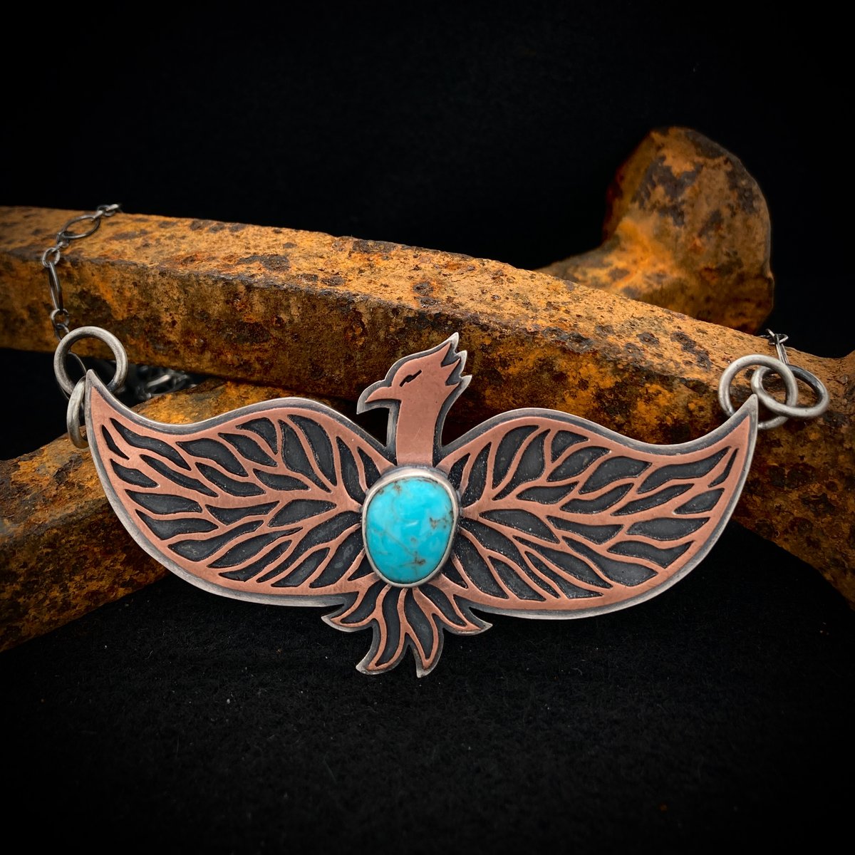 Copper, Sterling Silver and Turquoise Thunderbird Necklace 2