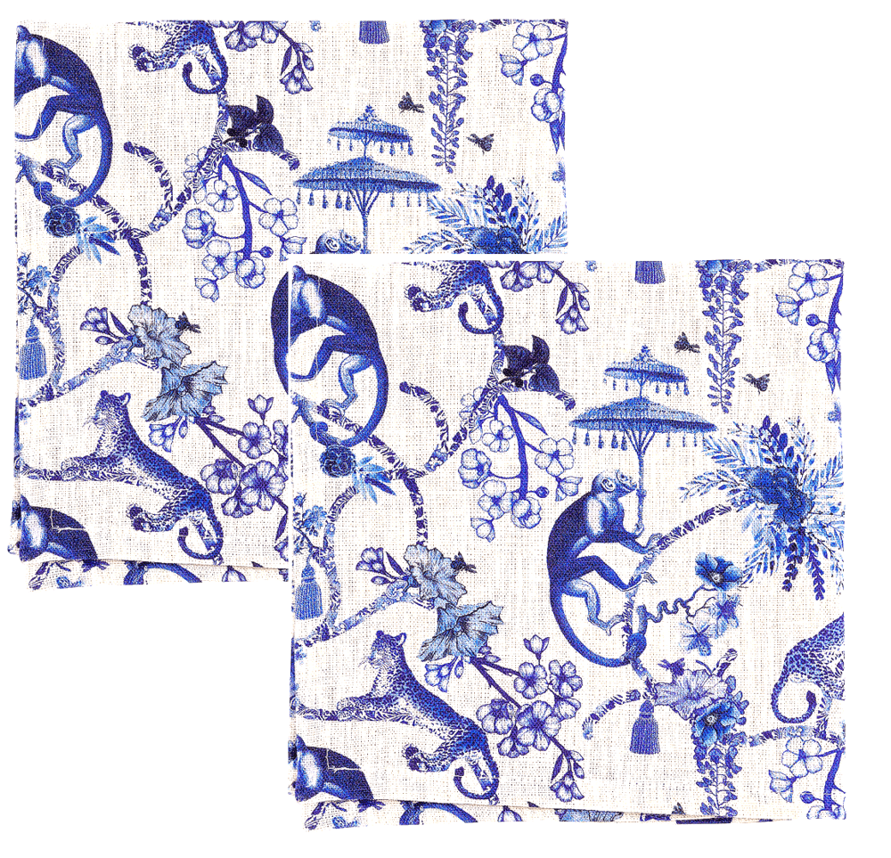 Image of Set di 2 tovaglioli in lino Blu Chinoiserie - Blue Chinoiserie linen napkins set of 2