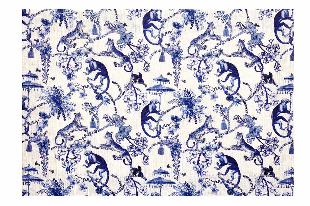 Image of Tovaglietta americana in lino Blu Chinoiserie - Blue Chinoiserie linen placemat