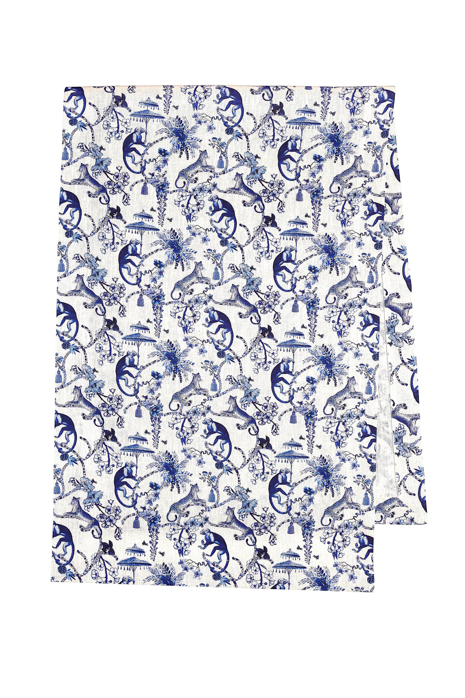 Image of Runner in lino Blu Chinoiserie - Blue Chinoiserie linen table runner